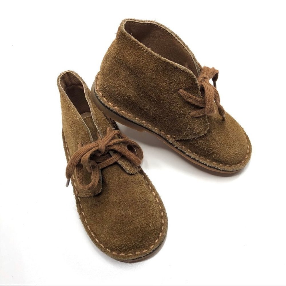 𝅺POLO by Ralph Lauren Brown Suede Leather Lace-up Stitched Toddler Booties Shoes